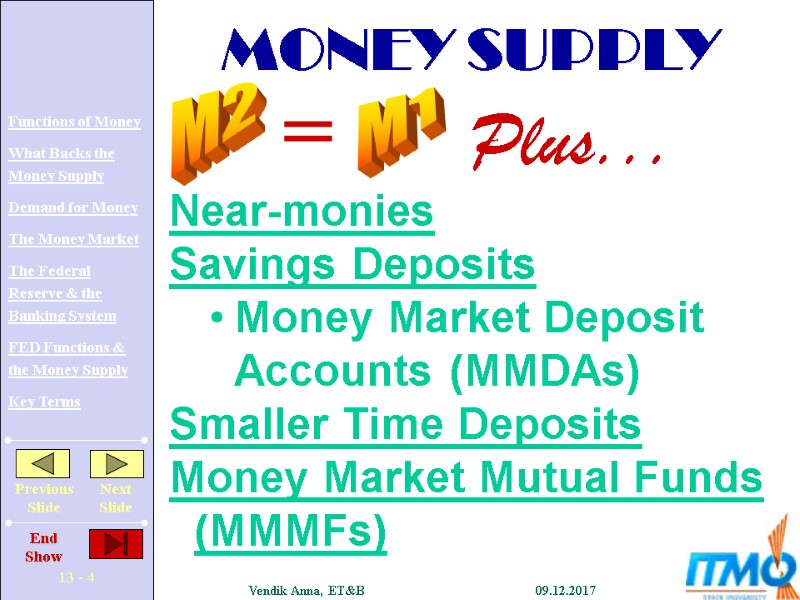 MONEY SUPPLY M2 M1 = Plus... Near-monies Savings Deposits Money Market Deposit Accounts (MMDAs)